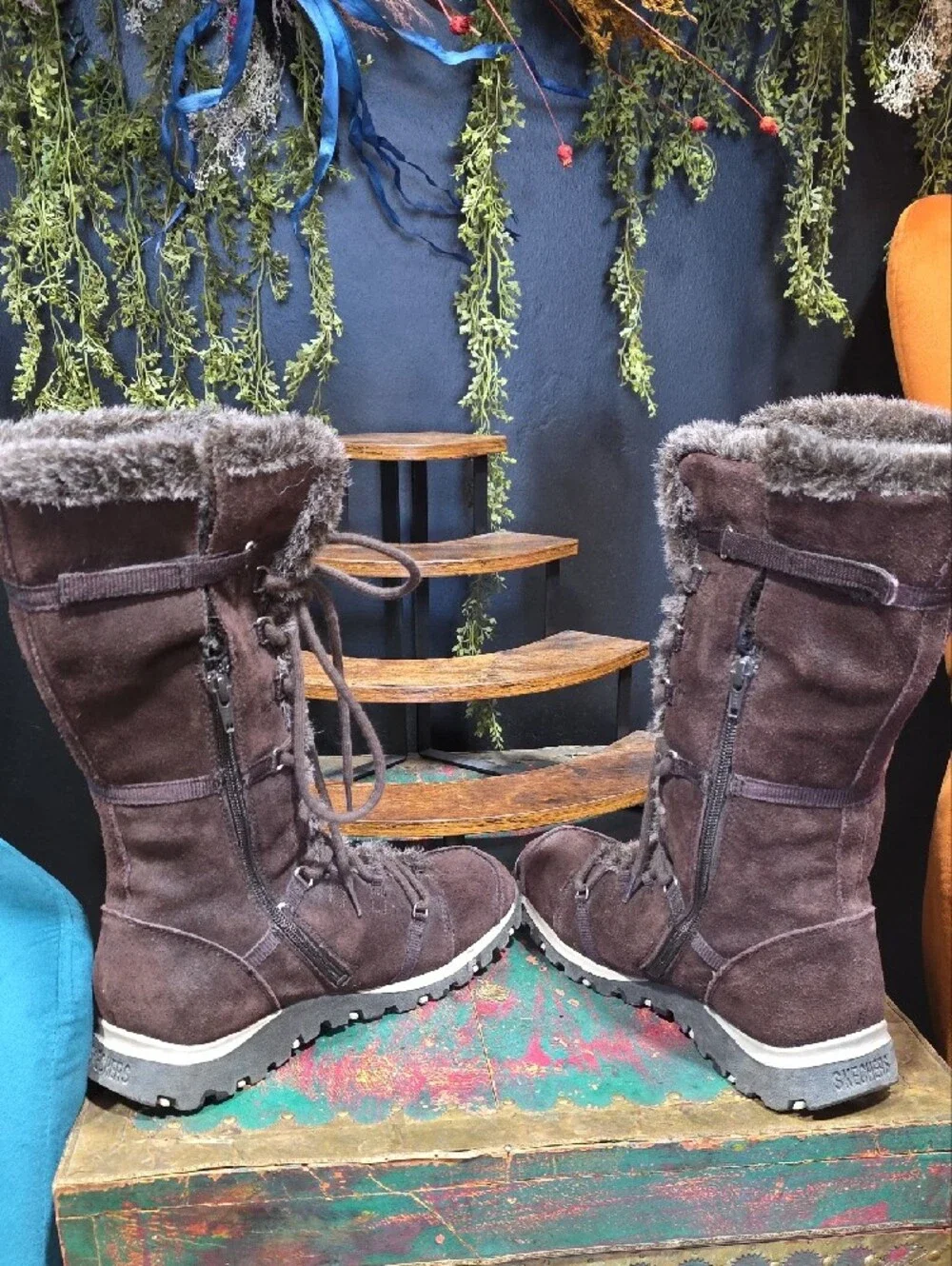 Skechers Women's Dark Brown Suede & Faux Fur-Lined Lace-Up Winter Boots